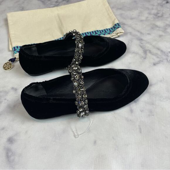 Tory Burch Crystal Strap Black Velvet Ballet Flats Mary Jane Sz 6.5 NWOB - Picture 3 of 9
